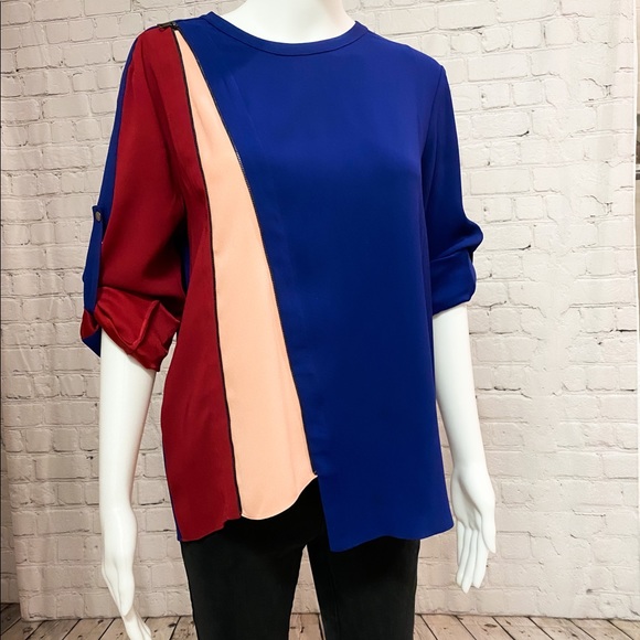 BCBG MAXAZRIA Versatile Blue-Peach-Red Blouse - Picture 1 of 5